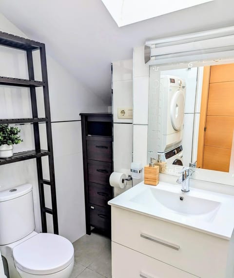 Vanity under a skylight in the upstairs bathroom, with the stacked washer and dryer in the mirror