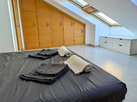 Upstairs bedroom with built-in wardrobes and skylights
